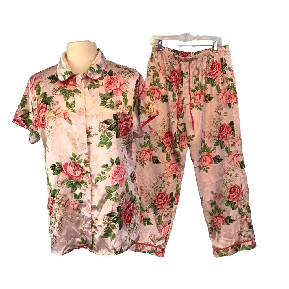 Adonna Womens Large Pink Floral Satin 2pc Pajamas, Top Pants, Cottage Rose, sz L